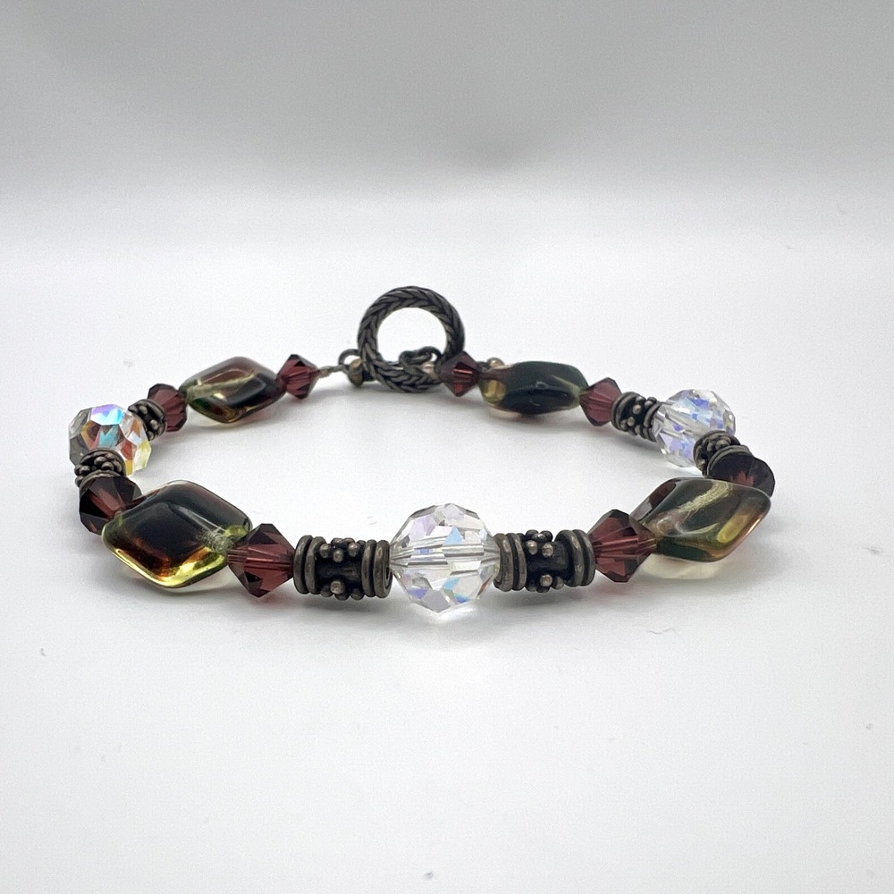 Vintage Style Beaded Toggle Bracelet Iridescent Crystal Art Glass Burgundy 7.75"